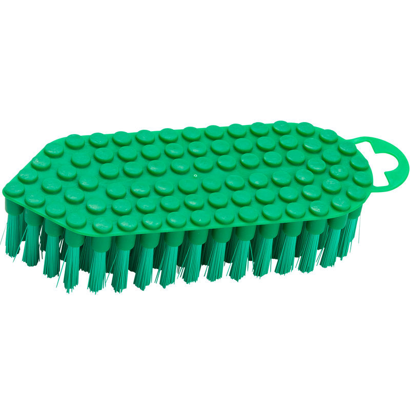 La Haug Bürsten KG FLEXO-BROSSE, PBT ø 0,35MM MOYEN (190x70x25 mm) est une brosse de nettoyage verte avec des poils rigides en PBT, une surface texturée avec des élévations circulaires surélevées et un petit manche avec une ouverture ovale à une extrémité.