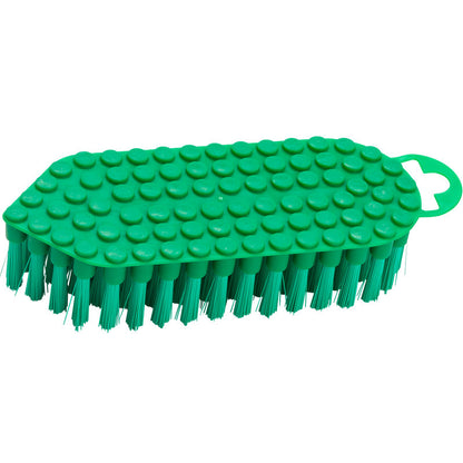 La Haug Bürsten KG FLEXO-BROSSE, PBT ø 0,35MM MOYEN (190x70x25 mm) est une brosse de nettoyage verte avec des poils rigides en PBT, une surface texturée avec des élévations circulaires surélevées et un petit manche avec une ouverture ovale à une extrémité.