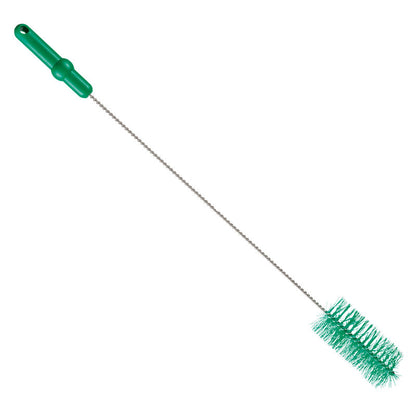 Die Haug Bürsten KG ROHRBÜRSTE, ø 0,50MM MITTEL 700Xø 60MM verfügt über einen grünen Kunststoffgriff, einen gedrehten Metallstiel und dichte grüne Borsten für die Rohrreinigung, die vor einem weißen Hintergrund dargestellt sind.