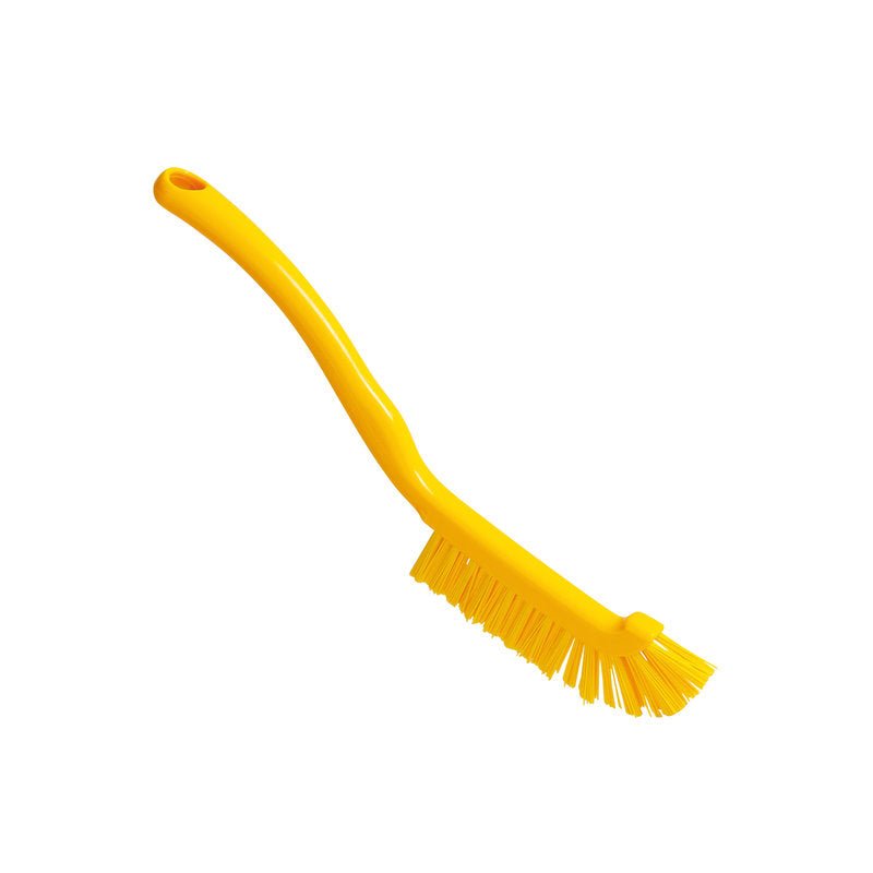 Die Haug Bürsten KG FUGENBÜRSTE, ø 0,50MM HART, 220x15x19mm, hat robuste gelbe Kunststoffborsten und einen langen gebogenen Stiel, perfekt für die Fugenreinigung. Ausgestellt auf einem schlichten weißen Hintergrund.