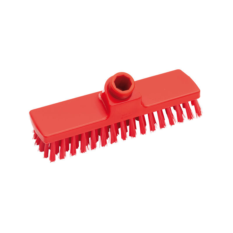 Le SCHRUBBER, ø 0,50MM DUR 225X60X26MM de Haug Bürsten KG est une tête de brosse rectangulaire avec des poils durs et une prise centrale pour le manche, idéale pour un nettoyage en profondeur et représentée sur un fond blanc.