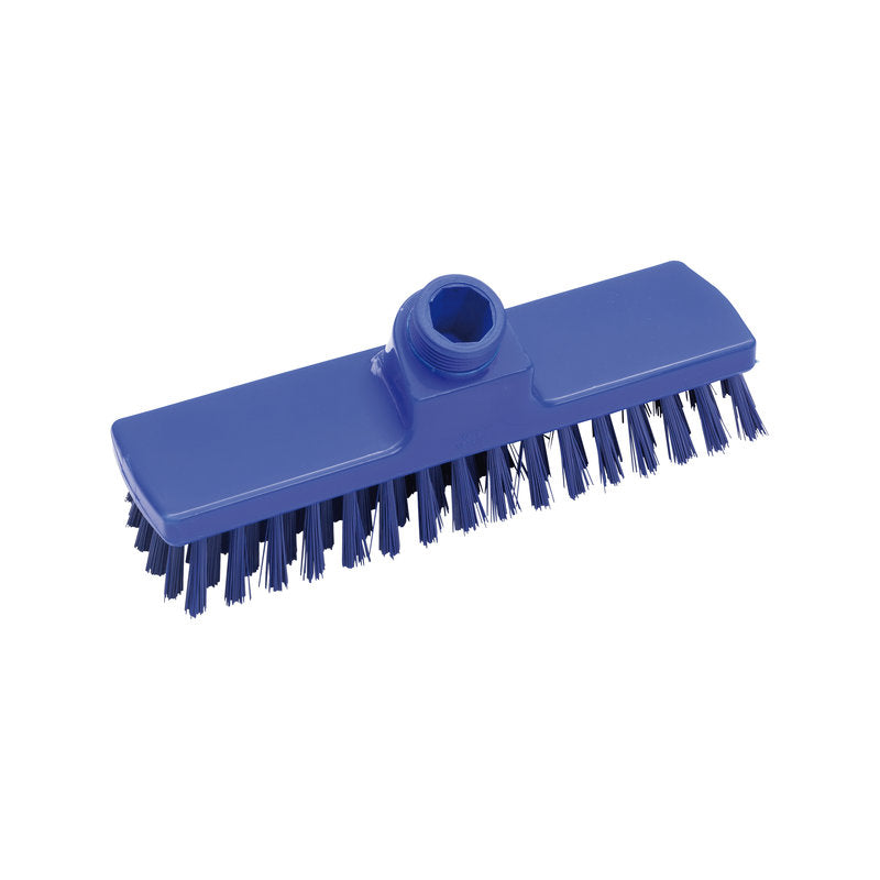 Le Haug Bürsten KG SCHRUBBER, ø 0,50MM DUR 225x60x26mm est une brosse rectangulaire bleue avec des poils durs et un filetage en haut pour fixer le manche - parfait pour le nettoyage intensif et les surfaces difficiles.