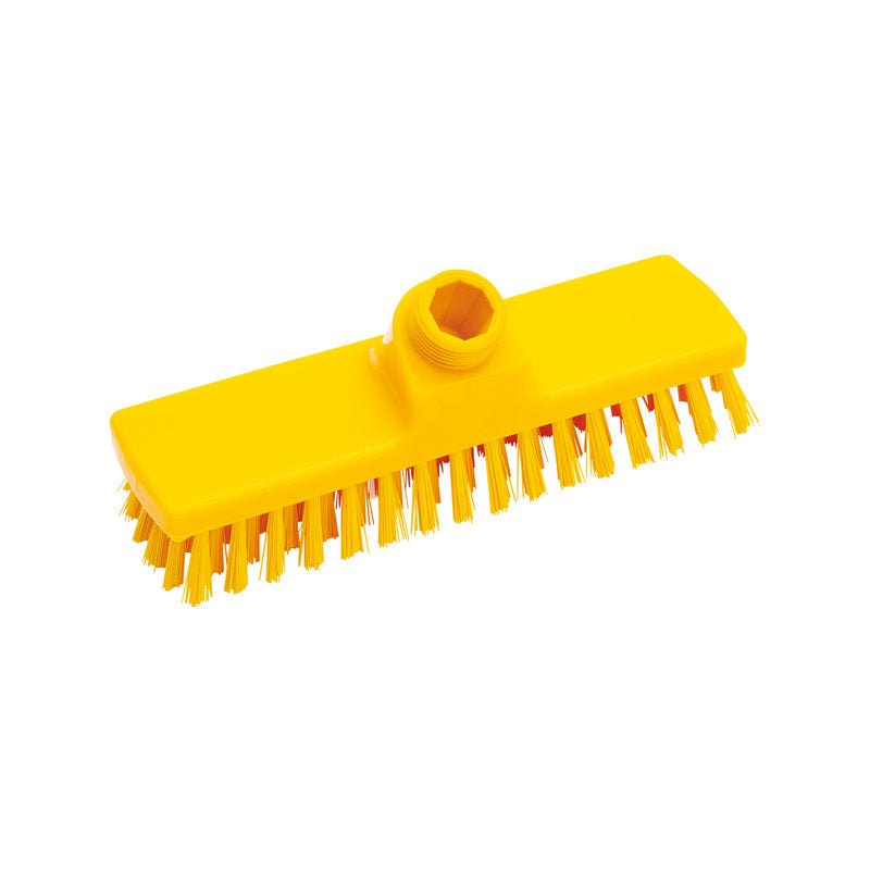Le SCHRUBBER, ø 0,50MM DUR 225X60X26MM de Haug Bürsten KG est une tête de brosse rectangulaire jaune avec des poils durs et une prise centrale pour le manche - idéal pour le nettoyage, isolé sur fond blanc.