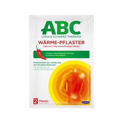 Eine Packung Hansaplast ABC® Wärme-Pflaster Capsicum (2 Stück) von Beiersdorf AG mit einem Diagramm eines menschlichen Rückens mit Wärmestrahlung aus dem unteren Rückenbereich. Der Text weist darauf hin, dass es sich um eine lokale Schmerztherapie handelt und Capsicum zur Linderung von Muskelschmerzen enthält. Die Packungsgröße beträgt 22 cm x 14 cm.