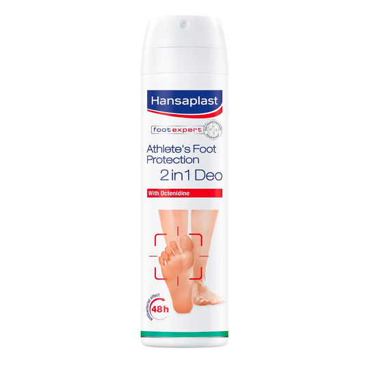 Un aérosol blanc Hansaplast Protection contre le pied d'athlète 2en1 Déodorant avec Octenidine de Beiersdorf AG.