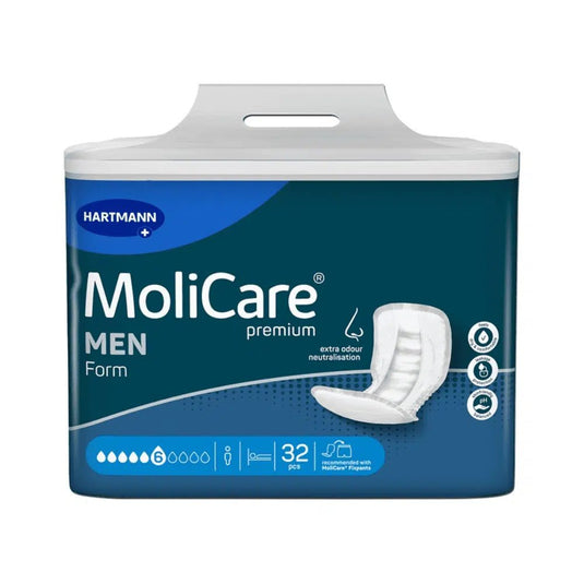 Un paquet bleu et blanc de protections MoliCare Premium Form MEN, 6 gouttes (32 pièces), de la marque Paul Hartmann AG, illustré par une photo du produit, des symboles et un texte mettant en avant la neutralisation supplémentaire des odeurs et le pH neutre pour la peau, destiné aux hommes.