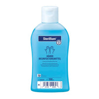 Un flacon de désinfectant pour les mains Sterillium® de la société Paul Hartmann AG. Le flacon est bleu et porte une étiquette comportant des symboles représentant des mains ainsi qu'un texte en allemand indiquant qu'il s'agit d'un désinfectant pour les mains.