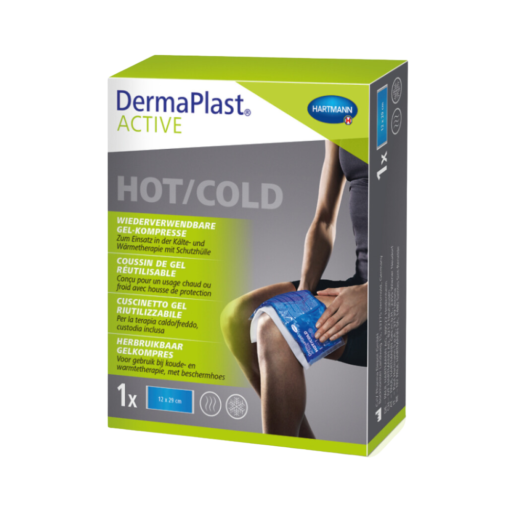 Emballage de la compresse gel Hartmann DermaPlast® ACTIVE Hot/Cold de Paul Hartmann AG, avec une image d'une personne appliquant la compresse sur sa cuisse. La boîte contient du texte en plusieurs langues, qui souligne