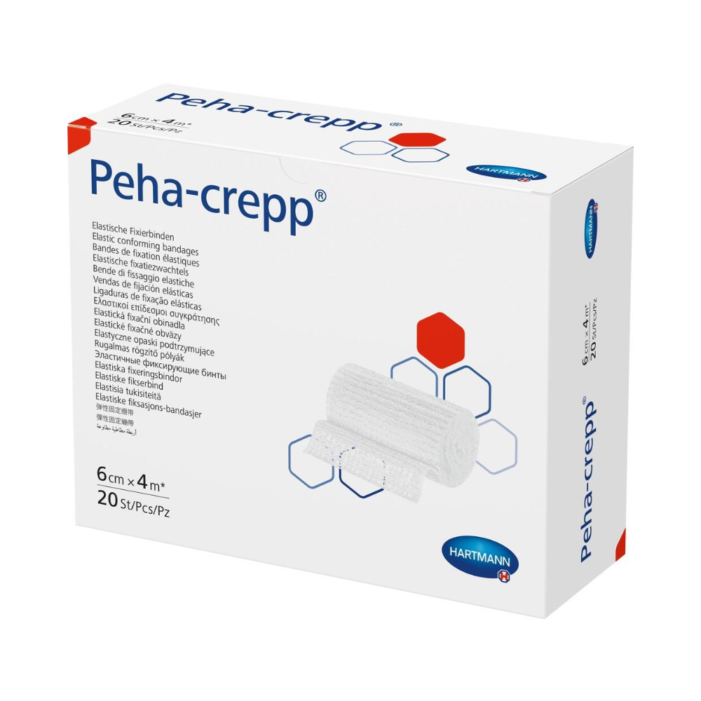 Une boîte de bandages de fixation super élastiques Hartmann Peha-crepp® – 20 pièces de Paul Hartmann AG, avec des descriptions multilingues et une illustration des bandages sur le côté droit de l'emballage.