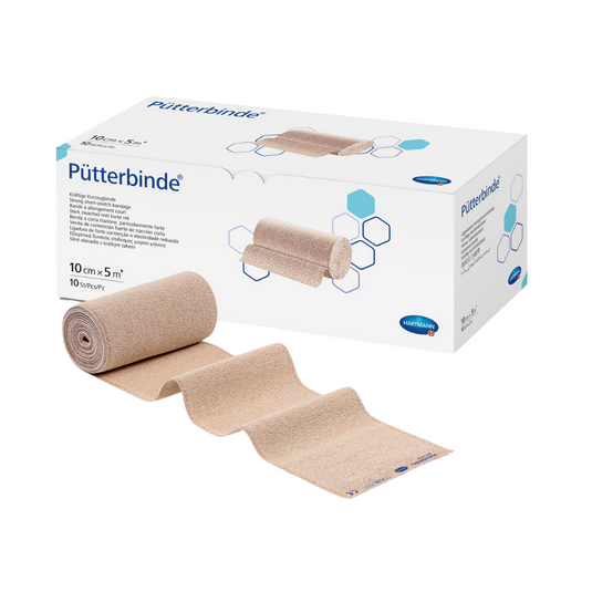 Une boîte de bandages de compression de la marque Hartmann Pütter-Verband® sur un fond blanc, à côté de la boîte se trouve un bandage partiellement déroulé.
