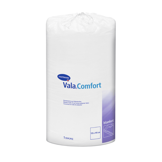 Un rouleau blanc scellé de couvertures-couettes Hartmann Vala®Comfort de la société Paul Hartmann AG, photographié sur fond blanc. L'étiquette indique les caractéristiques du produit et ses dimensions (155 x 210 cm).