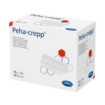 Une boîte de bandages de fixation super élastiques Hartmann Peha-crepp® de Paul Hartmann AG, adaptée aux peaux sensibles et avec des éléments de design rouges et bleus. Contient 10 bandages de 20 cm chacun.
