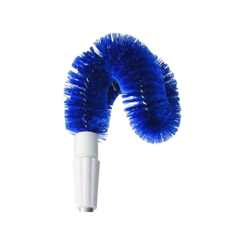 La brosse extérieure Haug PBT Bleu Doux 190 x Ø65 dispose d'une brosse de nettoyage bleue et courbée avec des poils denses en PBT Bleu Doux, fixée à une base de poignée blanche de Haug Bürsten KG.
