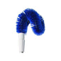 La brosse extérieure Haug PBT Bleu Doux 190 x Ø65 dispose d'une brosse de nettoyage bleue et courbée avec des poils denses en PBT Bleu Doux, fixée à une base de poignée blanche de Haug Bürsten KG.