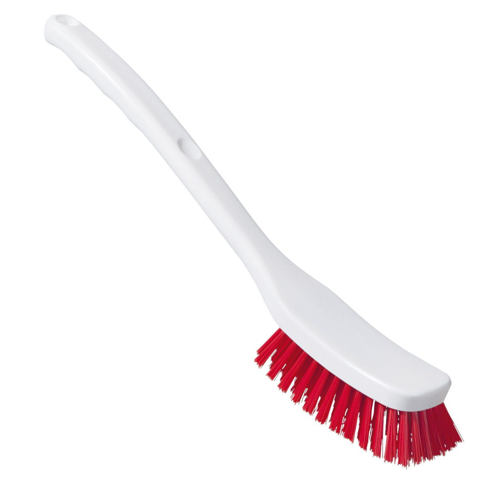 La brosse universelle de Haug Bürsten KG a un manche blanc légèrement courbé pour une prise ferme et des poils PBT rouges inclinés sur le côté. Son ensemble de poils dense assure un nettoyage efficace et est conforme HACCP, combinant ainsi efficacité et hygiène.