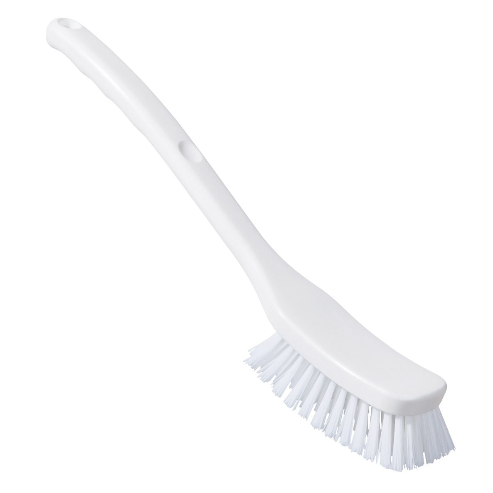Une Haug Bürsten KG brosse universelle PBT, 295x40x55 mm avec des poils PBT rigides de ø 0,35 et un long manche, est représentée en diagonale sur un fond uni et répond aux normes conformes HACCP. La couleur est blanche.