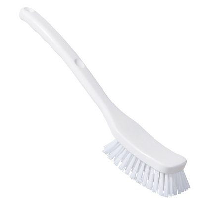Une Haug Bürsten KG brosse universelle PBT, 295x40x55 mm avec des poils PBT rigides de ø 0,35 et un long manche, est représentée en diagonale sur un fond uni et répond aux normes conformes HACCP. La couleur est blanche.