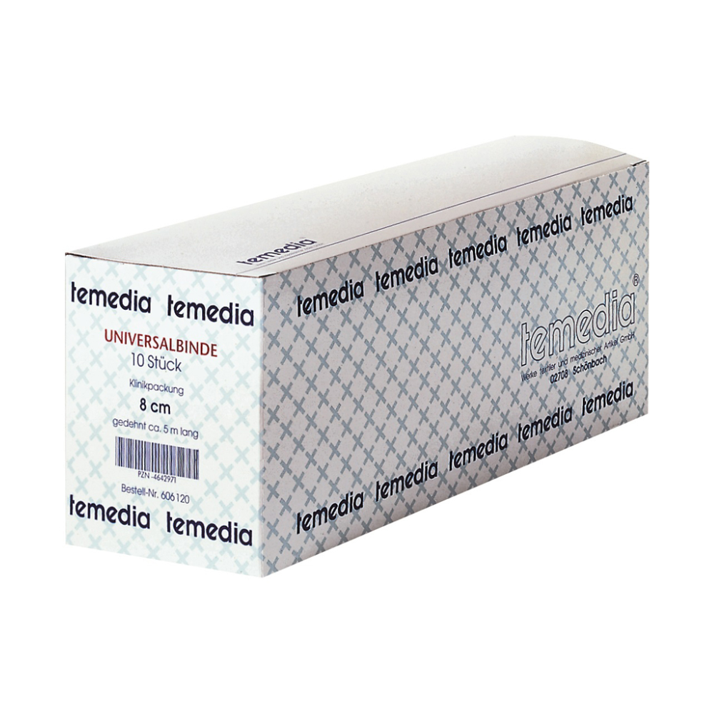 Une boîte rectangulaire de bandes universelles Holthaus Temedia, emballage clinique 8 cm x 5 m - 10 bandes de Holthaus Medical GmbH & Co. KG, contient 10 bandes. La boîte est ornée d'un motif et porte le logo Temedia. Avec une largeur de 8 cm et une longueur d'environ 5 m, ces bandages de compression sont idéaux pour un soin efficace des plaies.