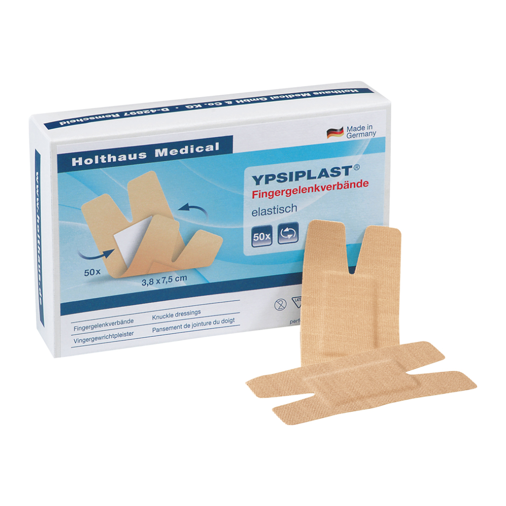 Boîte de pansements articulaires Ypsiplast® de Holthaus, élastiques avec 50 bandages de Holthaus Medical GmbH & Co. KG. Ces bandages fabriqués en Allemagne sont conçus pour les articulations des doigts et mesurent chacun 3,8 x 7,5 cm, avec deux bandages illustrés en dehors de la boîte.