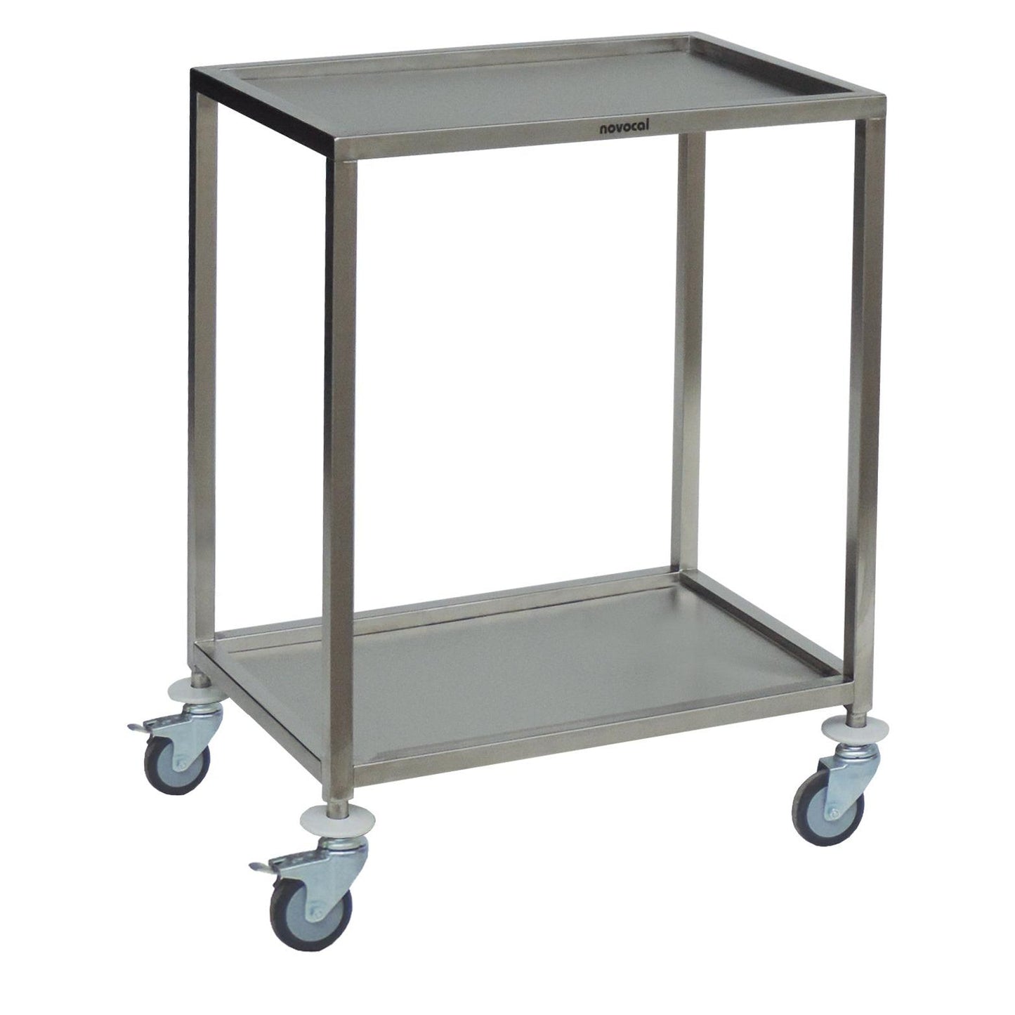 Der Novocal Fahrbarer Instrumententisch mit 2 herausnehmbaren Böden aus Edelstahl von Novocal verfügt über vier Schwenkrollen und eignet sich ideal für den Transport von Gegenständen in medizinischen oder industriellen Bereichen.