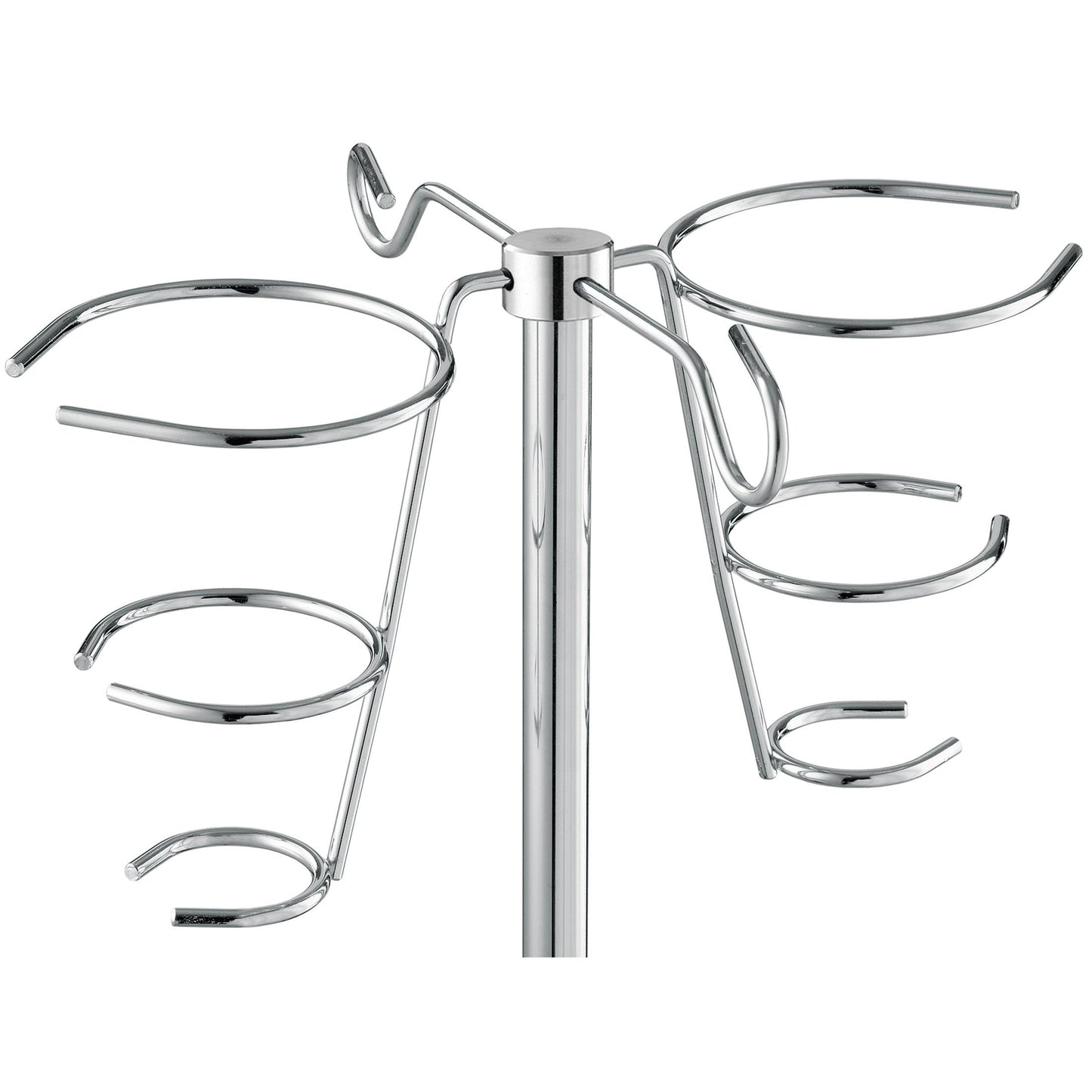 Un gros plan du support de flacon Novocal pour perfusion en acier inoxydable (pour tube rond de 18 mm, 2 supports, 1 pièce) avec des supports en fil chromé qui partent d'une tige centrale pour bouteilles ou bocaux.