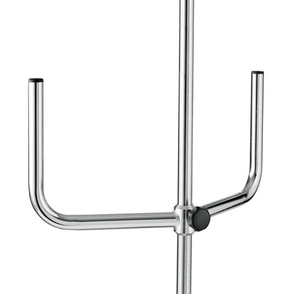 Eine Nahaufnahme des Novocal Infusionspumpenhalters für Pumpen zeigt seinen stabilen Metallständer mit einer zentralen Stange und zwei U-förmigen horizontalen Armen, die jeweils mit einer schwarzen Kappe versehen sind - perfekt für die Befestigung von Infusionspumpen.