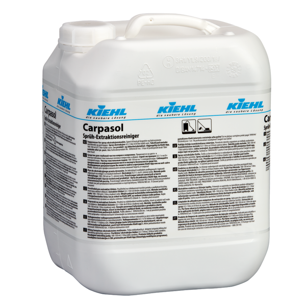 Ein weißer 10-Liter-Kunststoffkanister mit der Aufschrift "Kiehl Carpasol Sprühextraktionsreiniger" der Johannes Kiehl KG für die Teppich- und Polsterreinigung ist auf den Seiten mit ausführlichen Produktinformationen und Sicherheitshinweisen in mehreren Sprachen versehen.