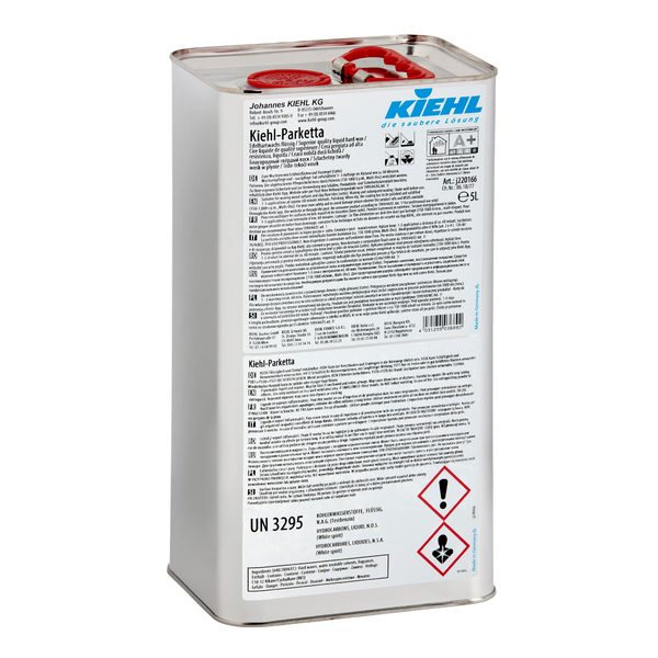 Ein 5-Liter-Metallkanister Kiehl-Parketta Edelhartwachs flüssig der Johannes Kiehl KG, mit rotem Schraubverschluss, Sicherheitssymbolen und mehrsprachiger Anleitung auf dem weißen Etikett (verkauft in einem Karton mit 2 Flaschen).