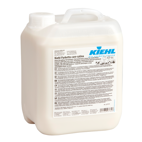 Weißer Kunststoffbehälter mit Griff und Schraubverschluss mit der Aufschrift "Kiehl Kiehl-Parketto-care-satina Matte Pflegedispersion für Holzböden 5 L" der Johannes Kiehl KG, mit Produktangaben und mehrsprachiger Anleitung. Verkauft in einem Karton mit 2 Flaschen.