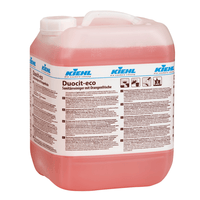 Un grand récipient en plastique transparent contenant un liquide rose porte l'inscription « Kiehl Duocit-eco Nettoyant sanitaire à la fraîcheur d'orange » de la société Johannes Kiehl KG ; sur la face avant figurent des informations sur le produit ainsi que des conseils de nettoyage respectueux de l'environnement en allemand.