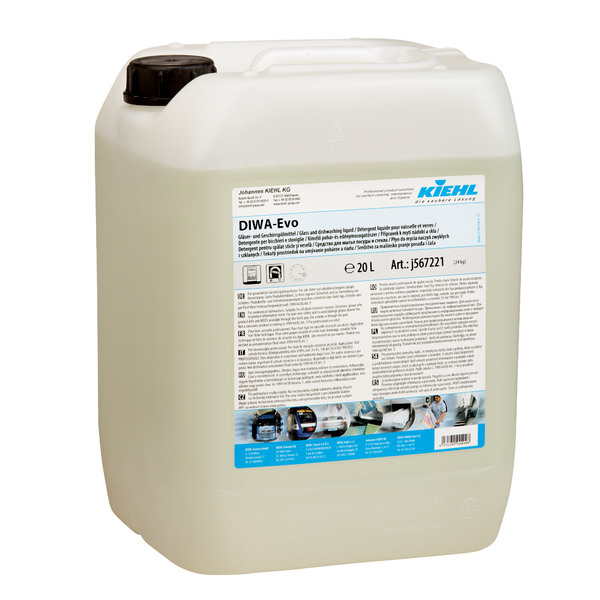 Ein 20-Liter-Behälter aus durchsichtigem Kunststoff mit schwarzem Schraubverschluss, beschriftet mit "Kiehl DIWA-Evo Gläser- und Geschirrspülmittel" der Johannes Kiehl KG. Das blau-weiß-schwarze Etikett enthält Hinweise und Gefahrensymbole.