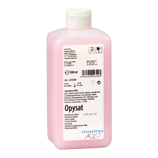 Eine rosa 500-ml-Flasche Kiehl Opysat Handwasch-Lotion der Johannes Kiehl KG, eine pH-neutrale Handseife, hat ein weißes Etikett mit Produktangaben, Inhaltsstoffen, Barcode, Symbolen und "marina KC" am Boden für die sanfte Handreinigung.