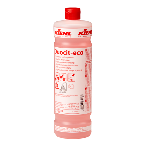 Die 1-Liter-Flasche des Kiehl Duocit-eco Sanitärreinigers mit Orangenfrische der Johannes Kiehl KG hat einen roten Deckel und ein Etikett mit mehrsprachigen Angaben. Die Flasche enthält rosa Flüssigkeit für eine umweltfreundliche Reinigung und hinterlässt einen frischen Orangenduft.