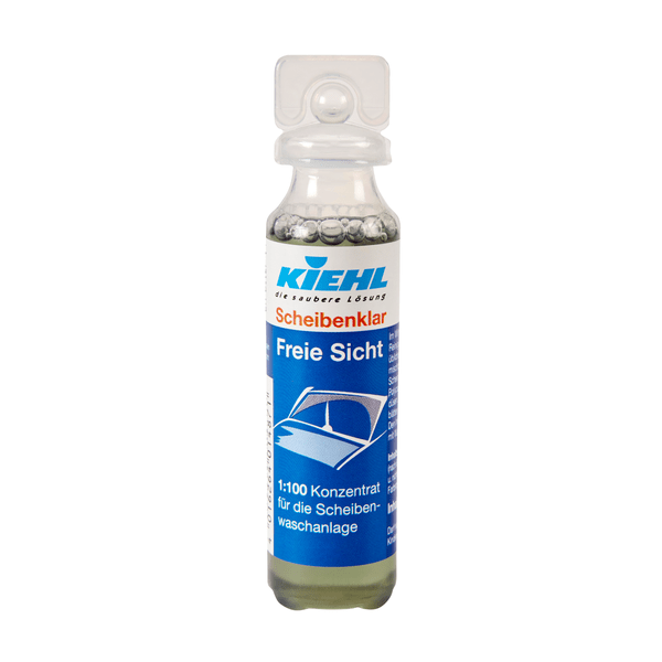 Une bouteille de 1 litre de Johannes Kiehl KG Scheibenklar Antigel jusqu'à -30°C Concentré pour le lave-glace en hiver, avec une étiquette bleue, un bouchon blanc et une image d'un pare-brise de voiture. Vendue en cartons de 6 bouteilles. Texte en allemand.