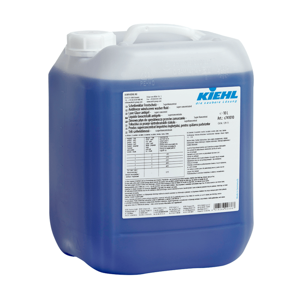 Un bidon de 10 l en plastique semi-transparent avec un bouchon à vis blanc, rempli de liquide bleu. L'étiquette indique "Kiehl Scheibenklar Frostschutz Superkonzentrat bis -55°C" de Johannes Kiehl KG ainsi que des informations sur le produit et des instructions.