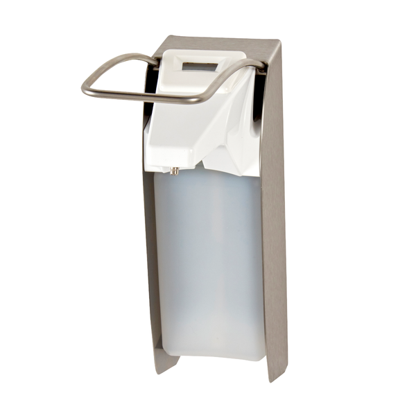 Le distributeur de savon et de désinfectant Kiehl Ophardt ingo-man plus IMP ELS E/24 500ml en acier inoxydable avec un long levier de commande et un compteur de cycles numérique de Johannes Kiehl KG est représenté sur un fond blanc simple.