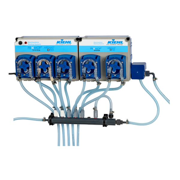 Ein wandmontiertes Johannes Kiehl KG ARENAS-Peristaltic-Level-Control-Gerät verwaltet bis zu 7 Chemikalienkanister mit genauer Überwachung, ausgelegt für ARENAS-P und -H Pumpen. Inklusive vier blau-transparenten Pumpensteuerungen und beschrifteten Anschlüssen für eine sichere Dosierung.