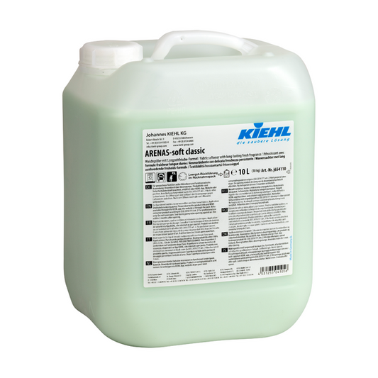 Ein 10-Liter-Behälter aus transluzentem Kunststoff mit Kiehl ARENAS-soft Weichspüler der Johannes Kiehl KG, mit weißem Griff, detailliertem Etikett, sichtbarer hellgrüner Flüssigkeit und Langzeitfrische-Formel für langanhaltende Frische und weiche Wäsche.
