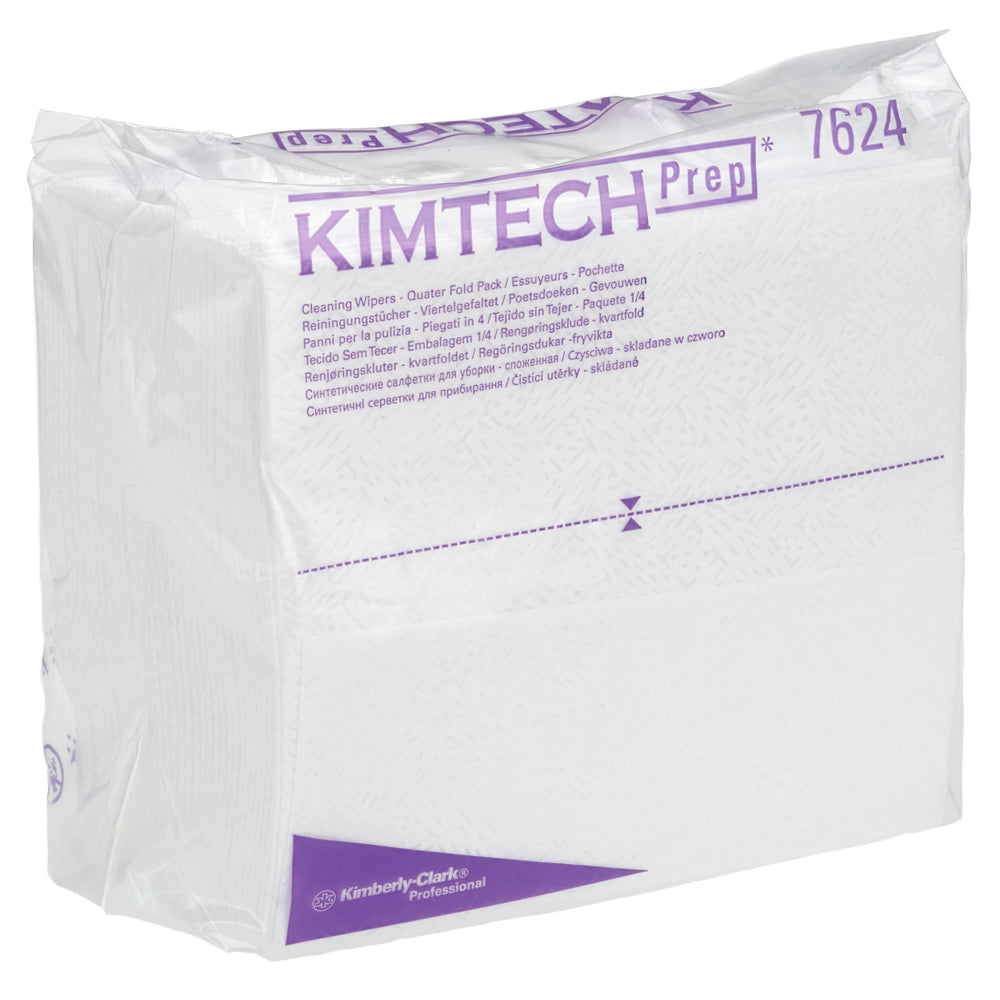 Ein Karton mit Auslaufartikel: Kimtech® Pure Wischtücher (Kimberly-Clark GmbH), weiß, viertelförmig gefaltet, 12 Packungen x 35 Blatt, jede Packung in klarem Plastik verpackt, mit Produktinformation und lila Branding auf der Vorderseite.