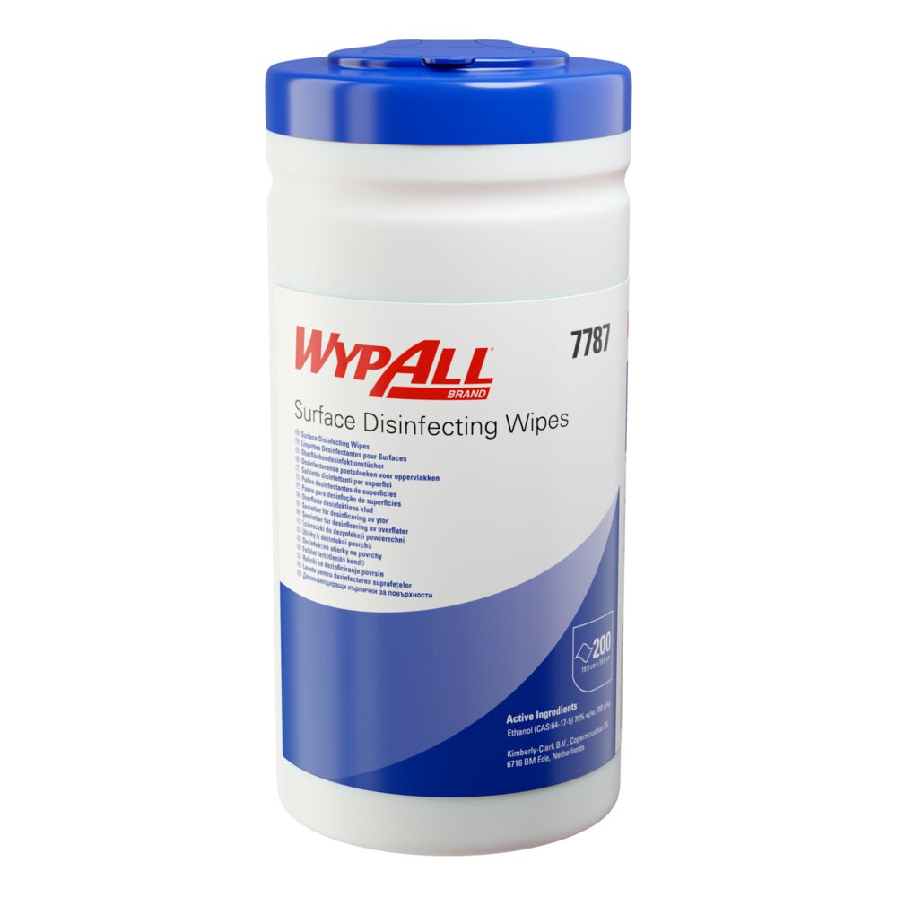 Un seau distributeur de lingettes désinfectantes WypAll® de Kimberly-Clark GmbH, blanc et cylindrique, contient 200 lingettes par seau et est accompagné d'informations sur le produit et d'instructions d'utilisation. Vendu en 10 seaux x 200 feuilles dans un carton pour un nettoyage efficace des surfaces.