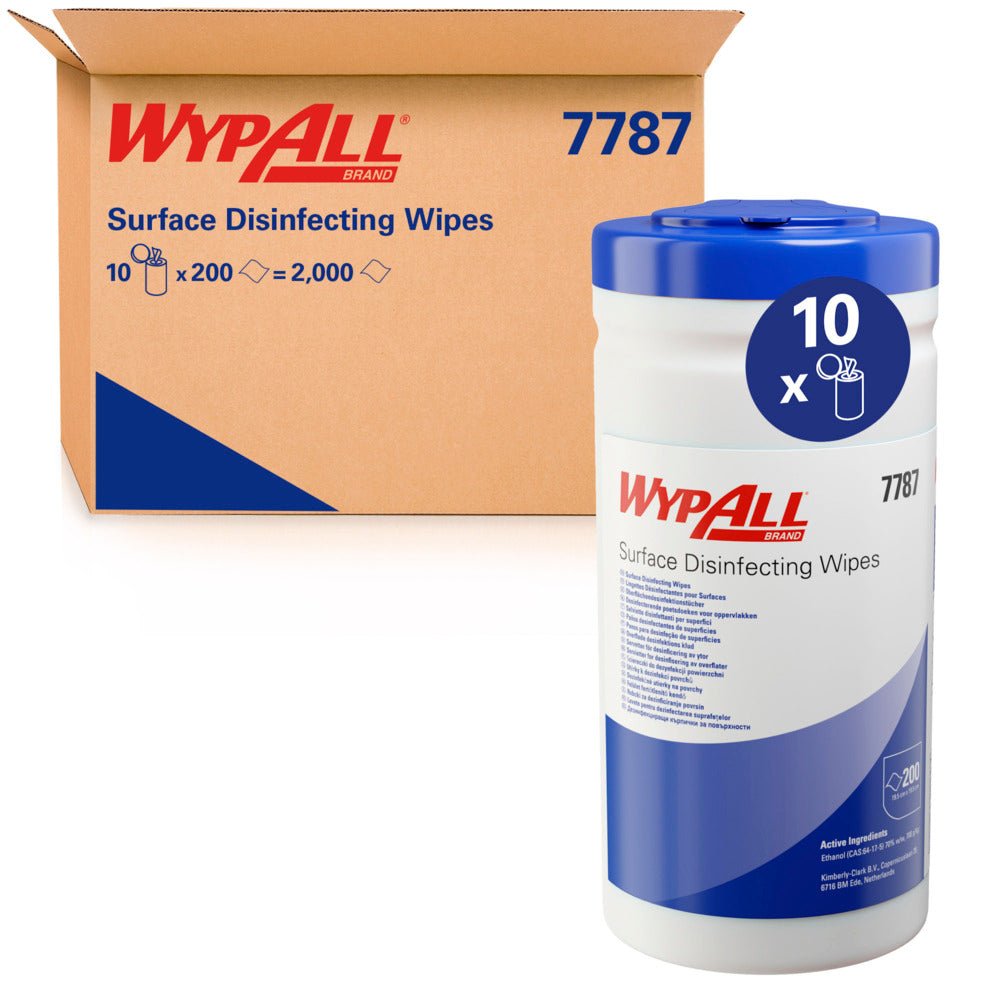 Un seau distributeur de lingettes désinfectantes WypAll® (blanc, 200 lingettes) de Kimberly-Clark GmbH se trouve devant un carton contenant 10 seaux et assure une désinfection efficace de diverses surfaces grâce à son couvercle bleu.