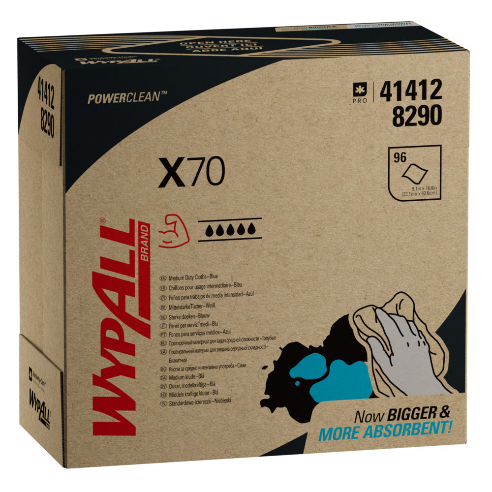 Ein Karton der Kimberly-Clark GmbH WypAll® X70 PowerClean Zupfbox/Blau (10 Kartons x 100 Blatt) zeigt Produktinfos, eine blau-schwarze Handwisch-Illustration und den Text "Now BIGGER & MORE ABSORBENT!" für professionelle Reinigung.