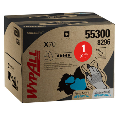 Eine WypAll® X70 PowerClean BRAG™ Box der Kimberly-Clark GmbH enthält eine Schachtel mit 200 weißen Tüchern. Auf dem Karton sind Grafiken mit Tüchern, die blaue Flüssigkeit aufsaugen, und Produktmerkmale abgebildet.