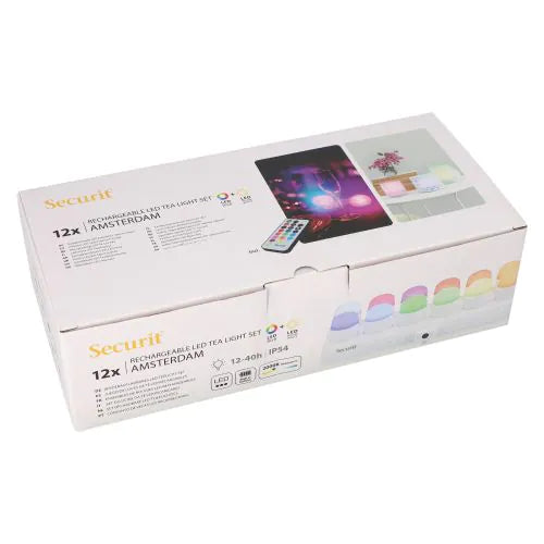 Papstar Securit® 12 bougies chauffe-plat LED incl. borne de recharge Ø 4 cm x 5 cm "Amsterdam" durée d'éclairage 12-40 heures