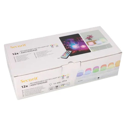 Papstar Securit® 12 bougies chauffe-plat LED incl. borne de recharge Ø 4 cm x 5 cm "Amsterdam" durée d'éclairage 12-40 heures