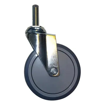 Eine einzelne Novocal Leichtlauflenkrolle mit Bolzen (Ø 150 mm), ideal für Sortierregalwagen oder Kittelständer, mit Metallbügel und grauem Gummiaußenring, abgebildet auf weißem Hintergrund. Packung: 1 Stück.