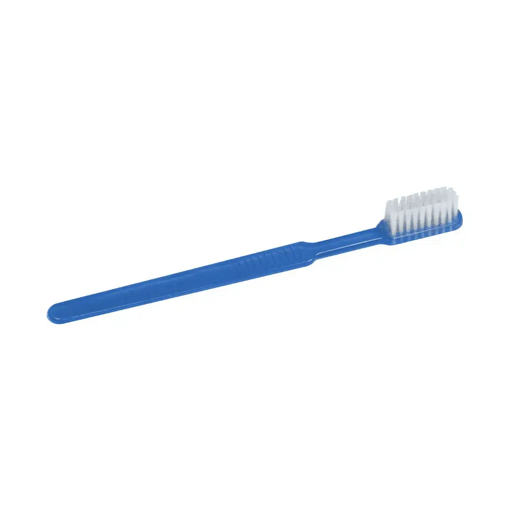 La brosse à dents jetable Med Comfort Dental PS de la société commerciale AMPri Handelsgesellschaft mbH dispose d'une construction en polystyrène durable, d'un manche bleu allongé avec une structure de prise en main légère et d'une tête rectangulaire avec des poils blancs, ce qui la rend parfaite pour le soin dentaire.