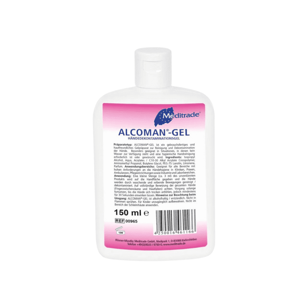 Un flacon de 150 ml de gel désinfectant pour les mains Meditrade Alcoman® Gel, un gel désinfectant pour les mains rose de Meditrade GmbH. L'étiquette arrière montre les ingrédients et les instructions d'utilisation en noir sur fond blanc.