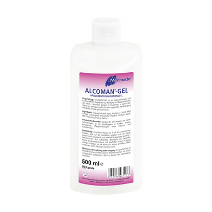 Un flacon de 500 ml de gel désinfectant pour les mains Meditrade Alcoman® Gel avec des informations produit et un mode d'emploi en allemand sur une étiquette blanc-rose. Le flacon a un bouchon rabattable et apparaît
