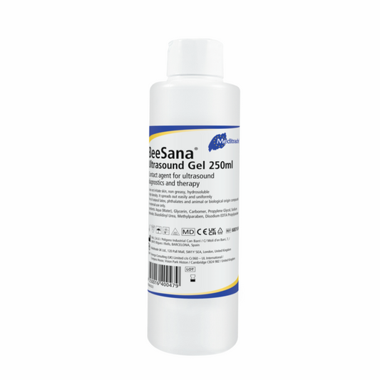 Eine Flasche Meditrade BeeSana® Ultraschallgel, 250 ml, gekennzeichnet als Gleitmittel für Ultraschallverfahren. Das Etikett enthält Produktdetails und Symbole zur Einhaltung gesetzlicher Vorschriften.